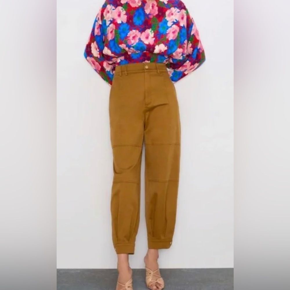 ZARA NWT High RiseSnap Button Ankle Pockets Utility Pants Taupe Brown Large